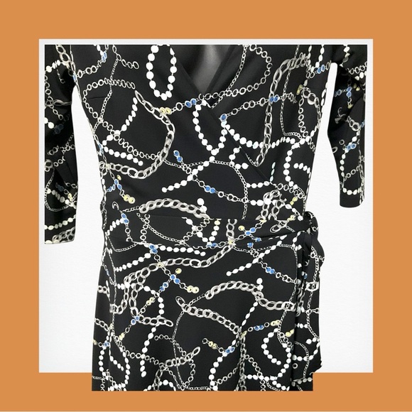 New York& Company Black White Wrap Dress SZ L‎ Women Geometric Career Church - Picture 5 of 7